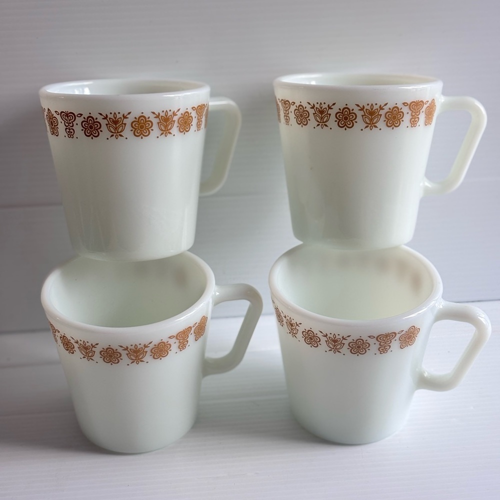 Vintage Pyrex Milk Glass Mugs Set of 4 Brown Floral USA